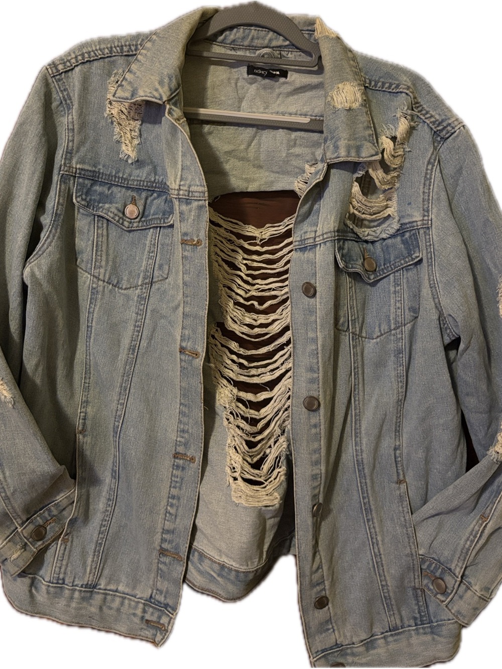 Fashion Nova Distressed Shredded-Back Denim Jacket